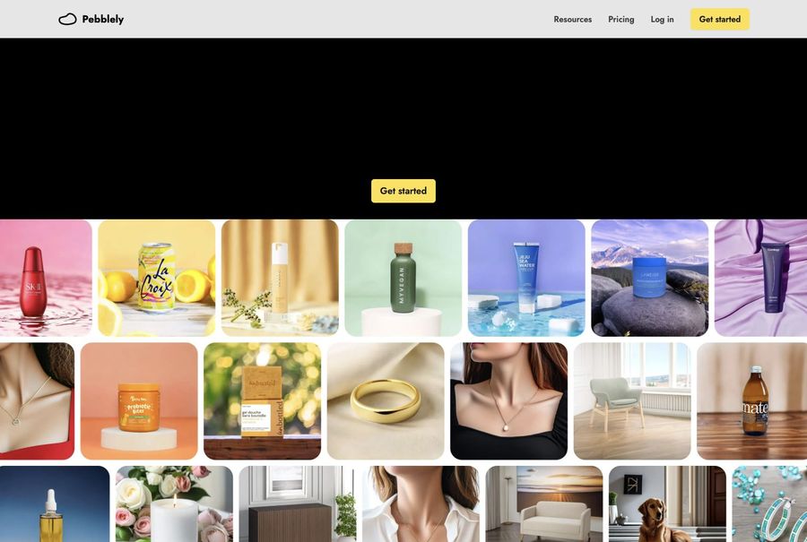 Pebblely official website screenshot showing AI product photography examples